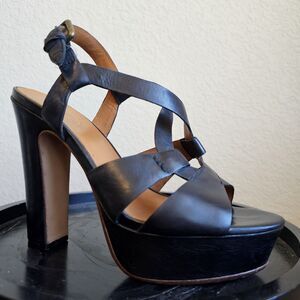 Ash Womens Black Leather Open Toe Ankle Strap Cut Out Platform Heels Size 37